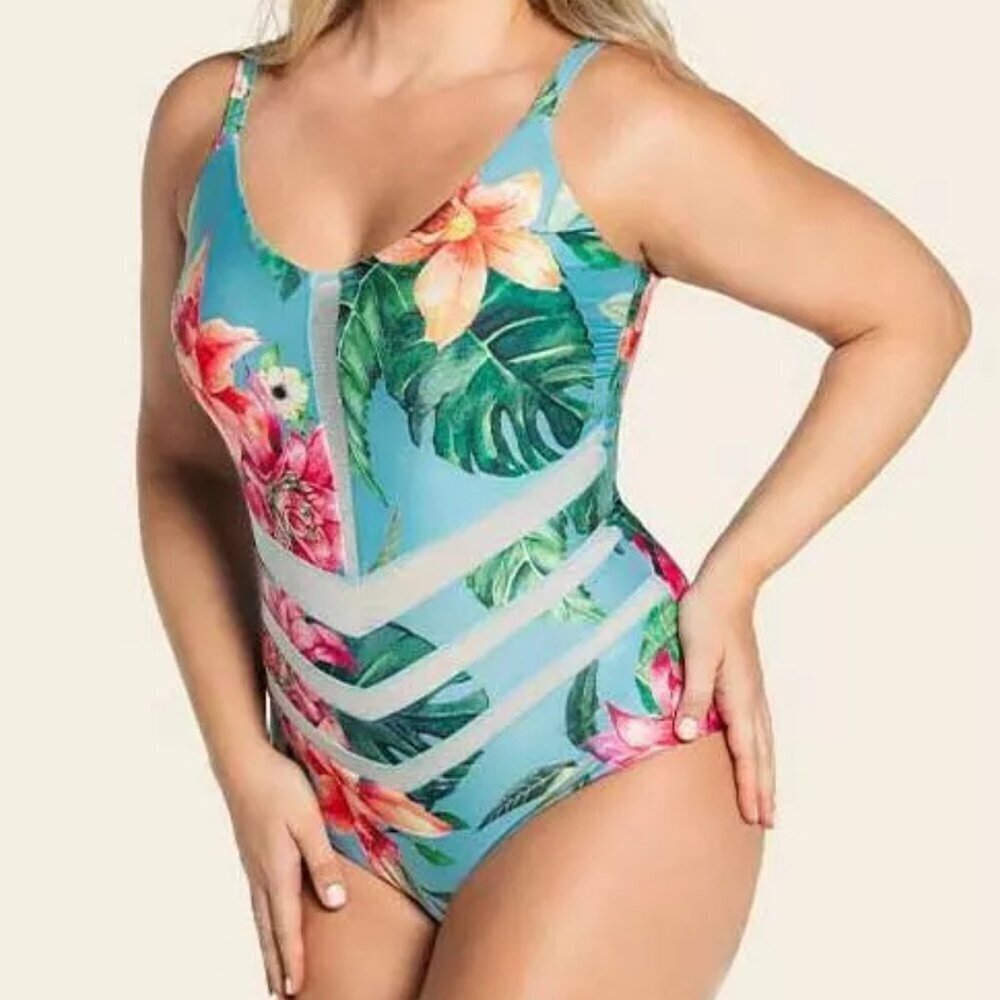 New! Leonisa Blue Floral Mesh Cutout Slimming One-Piece Swimsuit - 35123 - Picture 2 of 13